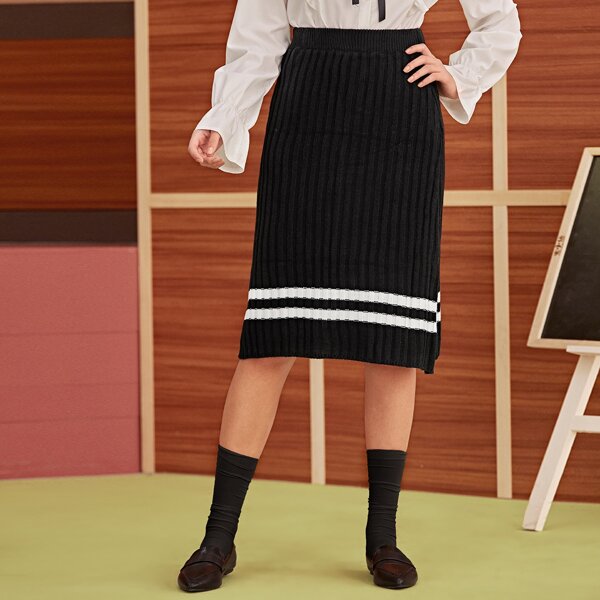 

Rib-knit Striped Midi Skirt, Black