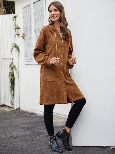Solid Button Through Drawstring Hooded Corduroy Coat