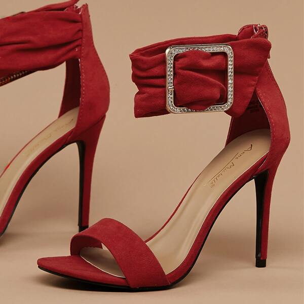 

Open Toe Crystal Buckle Detail Stiletto Heels, Red