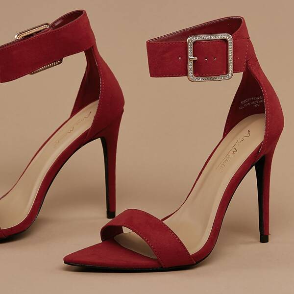 

Open Toe Crystal Buckle Stiletto Heel Sandals, Red