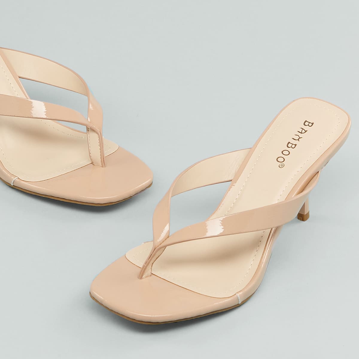 

Patent Y-Strap Low Stiletto Heel Sandals, Apricot