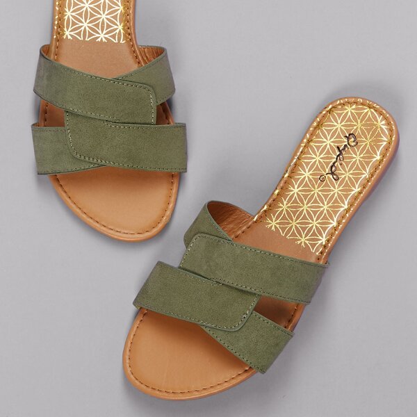 

Cross Open Toe Band Flat Slide Sandals, Green