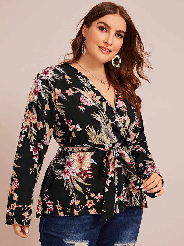 

Plus Floral Print Belted Blouse, Black, Franziska