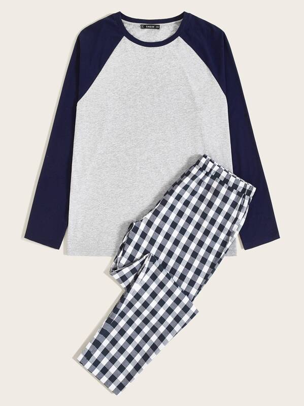 

Men Raglan Sleeve Top & Gingham Pants PJ Set, Multicolor