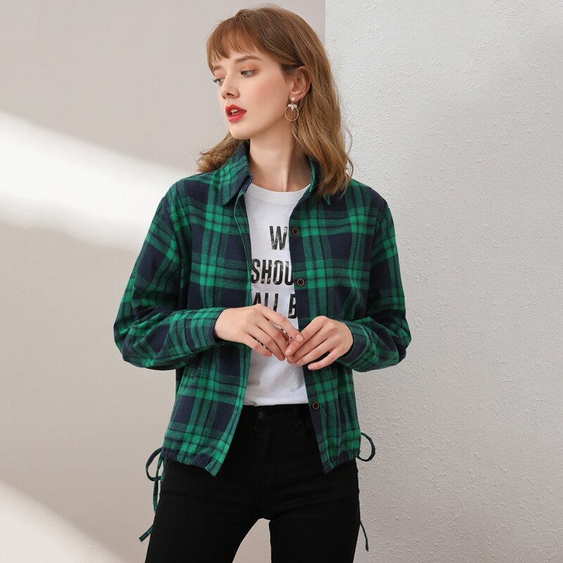 

Tartan Drawstring Hem Button Up Jacket, Green