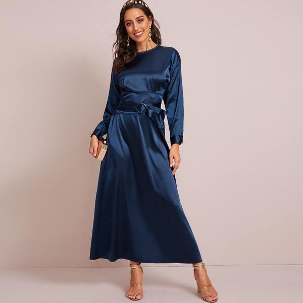 

Satin O-ring Self Tie A-line Dress, Navy