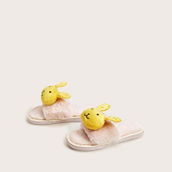

Girls Rabbit Decor Open Toe Fluffy Slippers, Pink