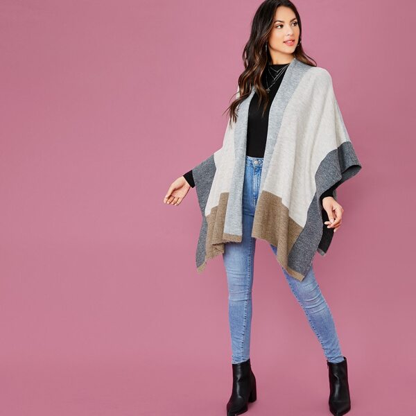 

Open Front Stripe Colorblock Knit Poncho Cardigan, Multicolor