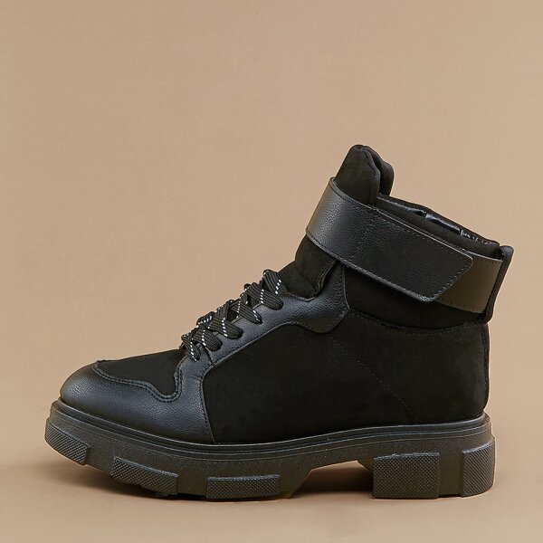 

Lace Front Heavy Sole Velcro Strap Combat Boots, Black