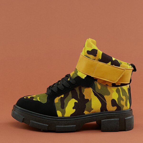 

Lace Up Velcro Strap Lug Sole Camo Military Boots, Multicolor