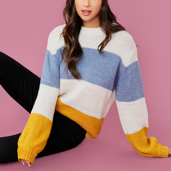 

Crew Neck Colorblock Stripe Knit Pullover Sweater, Multicolor