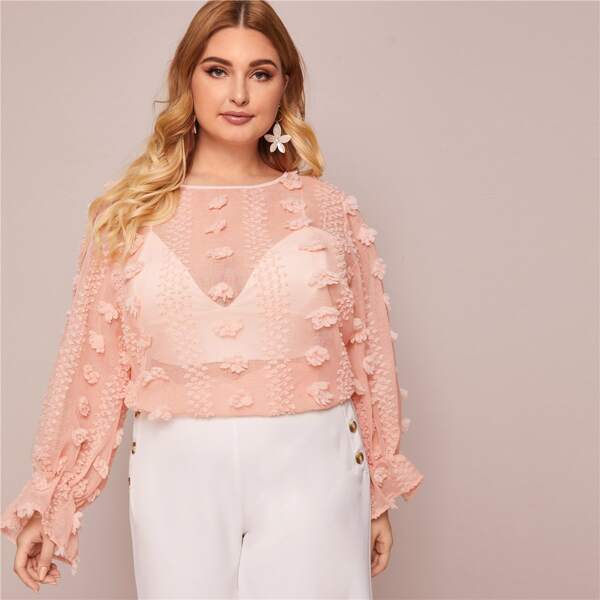

Plus 3D Applique Ruffle Cuff Sheer Top Without Bra, Pink pastel