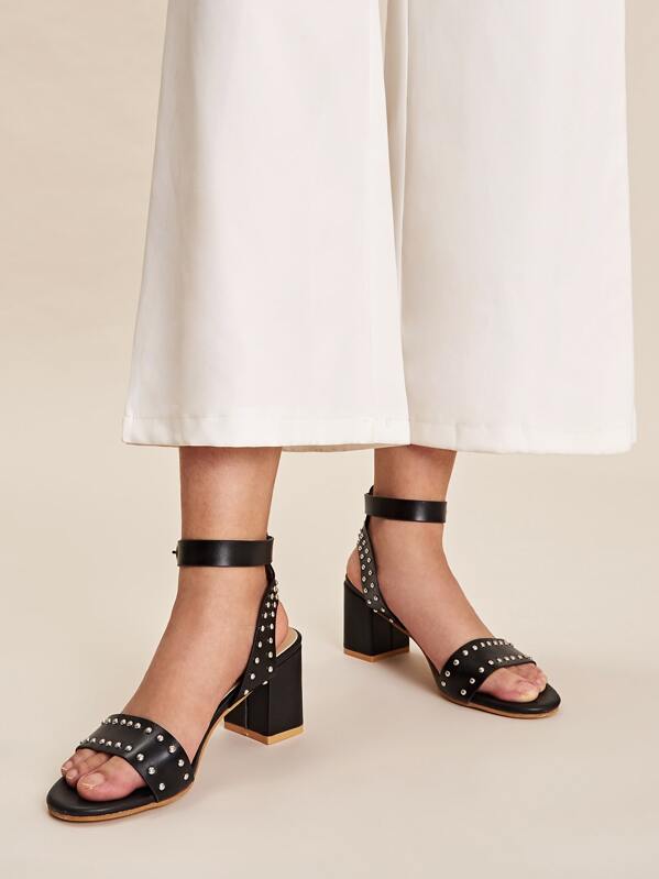 

Studded Decor Ankle Strap Chunky Heels, Black