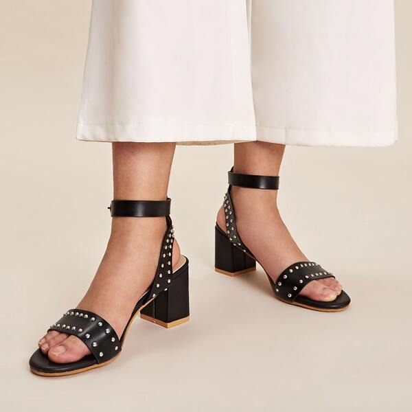 

Studded Decor Ankle Strap Chunky Heels, Black