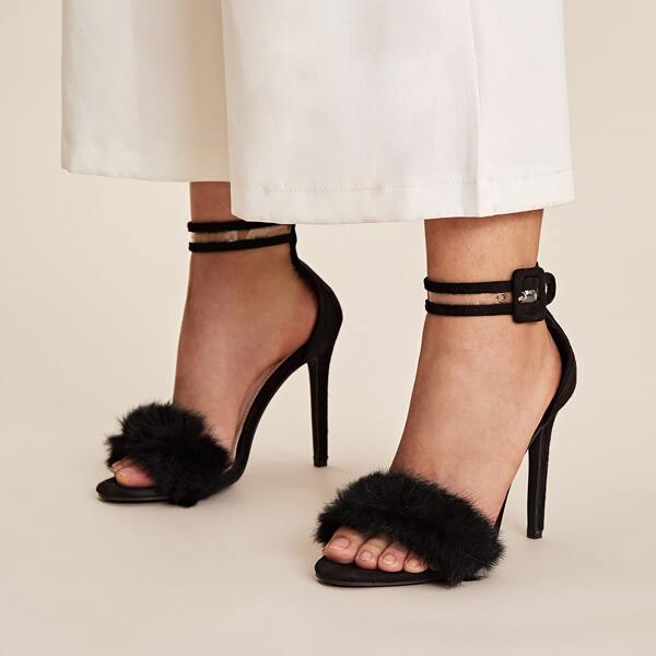 

Faux Fur Decor Ankle Strap Stiletto Heels, Black
