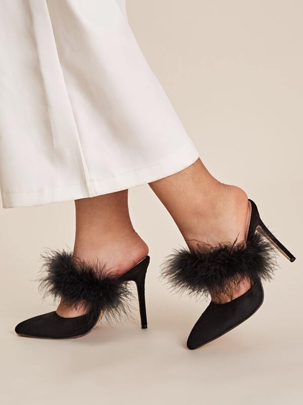 

Contrast Faux Fur Stiletto Heeled Mules, Black