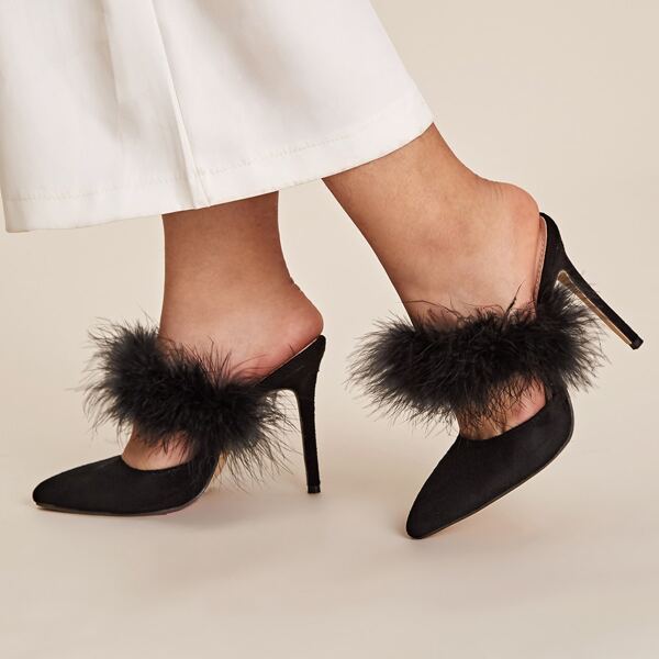 

Contrast Faux Fur Stiletto Heeled Mules, Black