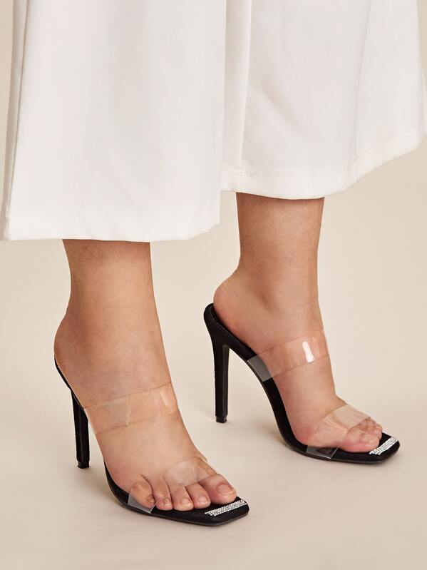 

Rhinestone Decor Transparent Stiletto Heels, Black