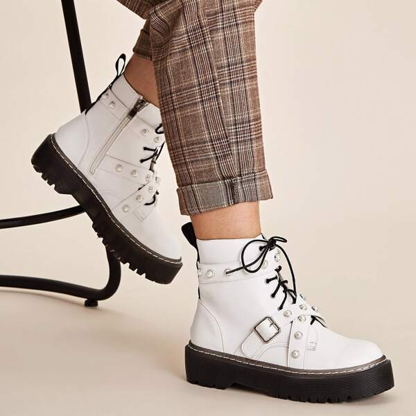 

Faux Pearl Decor Buckle Strap Combat Boots, White