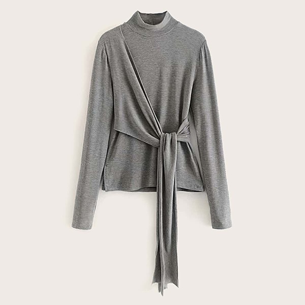 

Stand Collar Tie Front Solid Tee, Grey