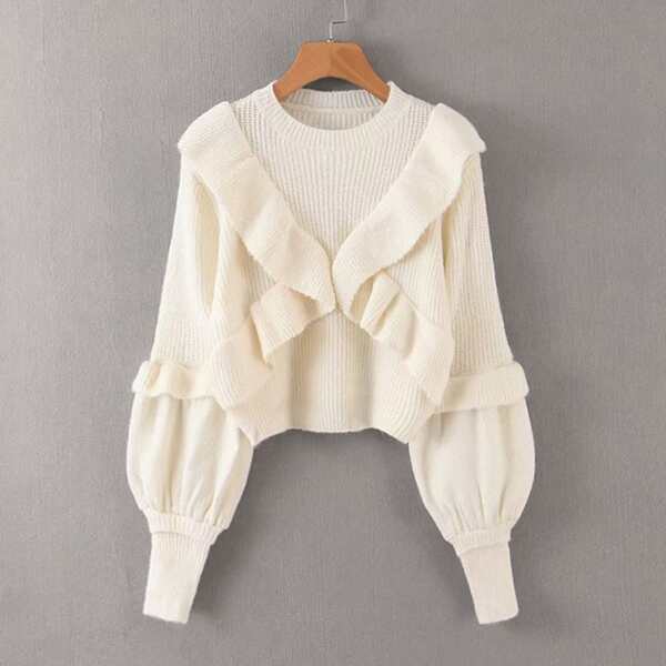 

Ruffle Trim Bishop Sleeve Crop Sweater, Beige