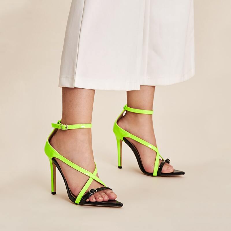

Two Tone Ankle Strap Stiletto Heels, Green bright