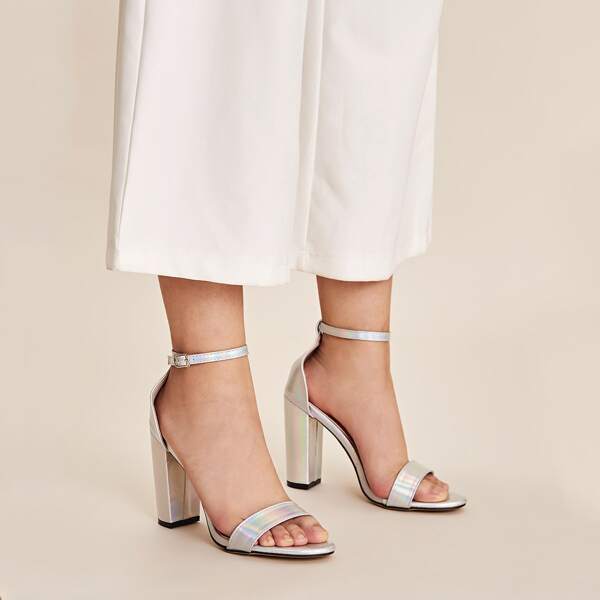 

Holographic Ankle Strap Chunky Heels, Multicolor