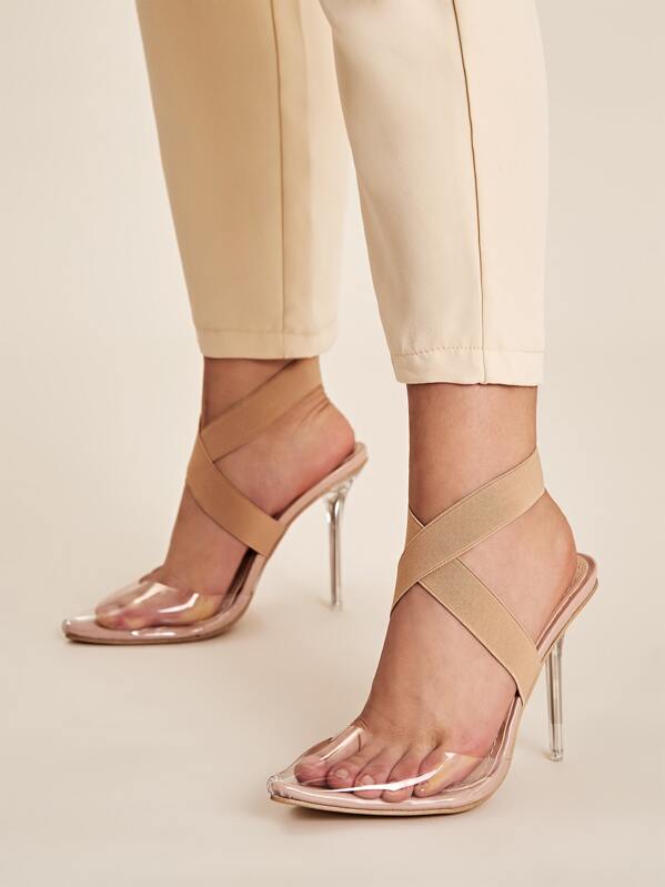 

Point Toe Cross Strap Stiletto Heels, Apricot