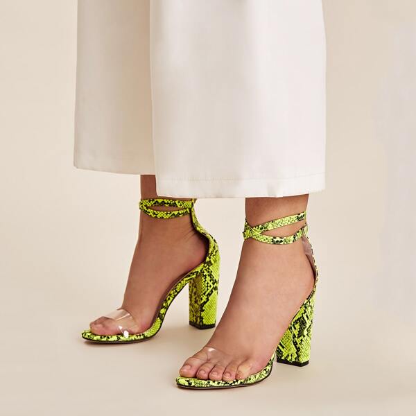 

Snakeskin Print Clear Strap Chunky Heels, Green