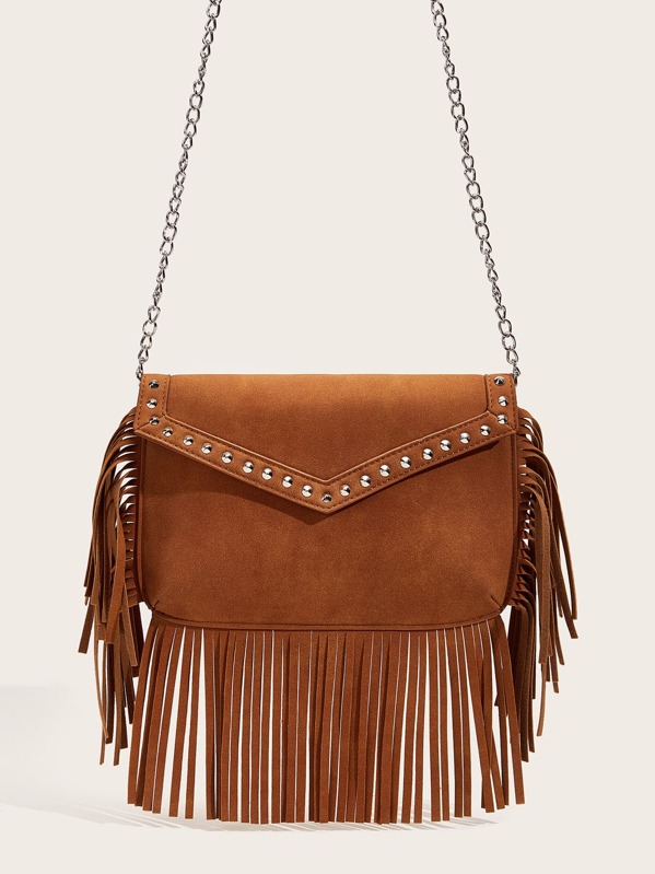 

Studded & Fringe Decor Chain Bag, Brown
