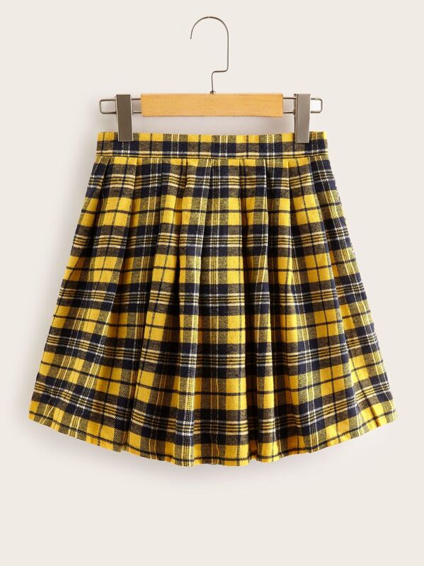 

Plus Tartan Pleated Zipper Back Skirt, Yellow