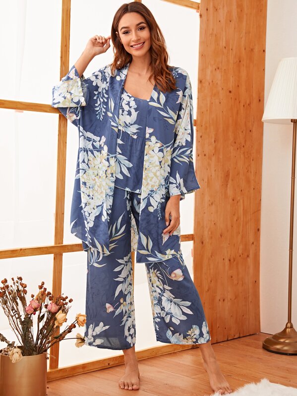 

3pcs Floral Print Cami PJ Set With Robe, Multicolor, Gabi B