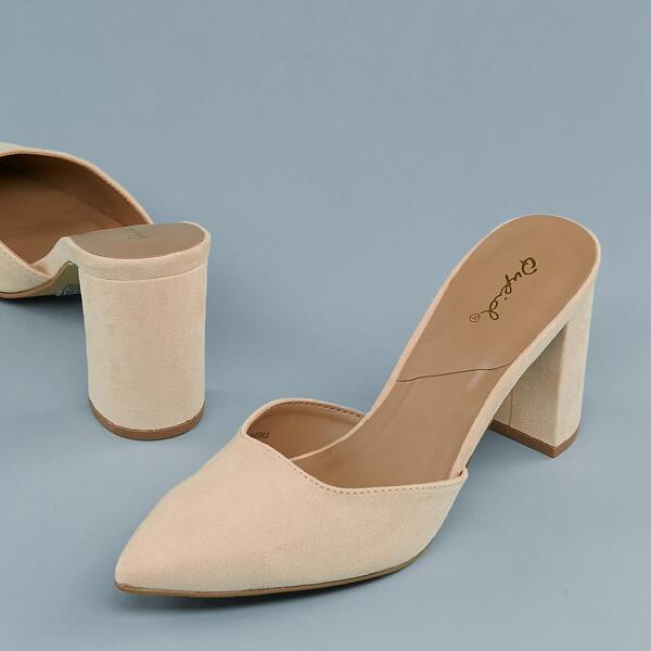 

Pointed Toe Chunky Heel Mule Pumps, Beige