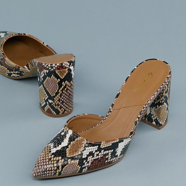 

Snakeskin Pointy Toe Block Heel Mule Pumps, Multicolor