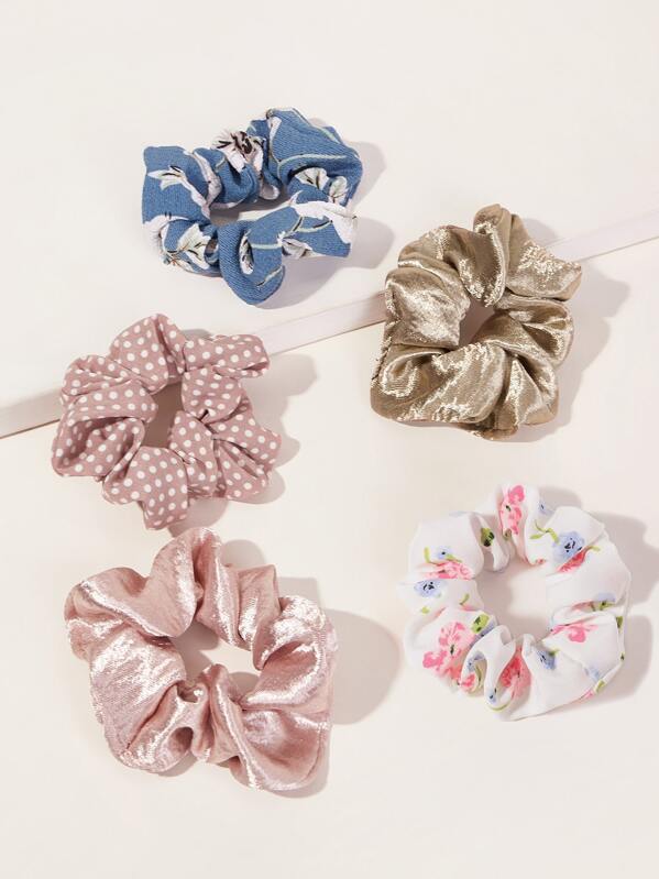 

5pcs Polka Dot & Ditsy Floral Pattern Scrunchie, Multicolor