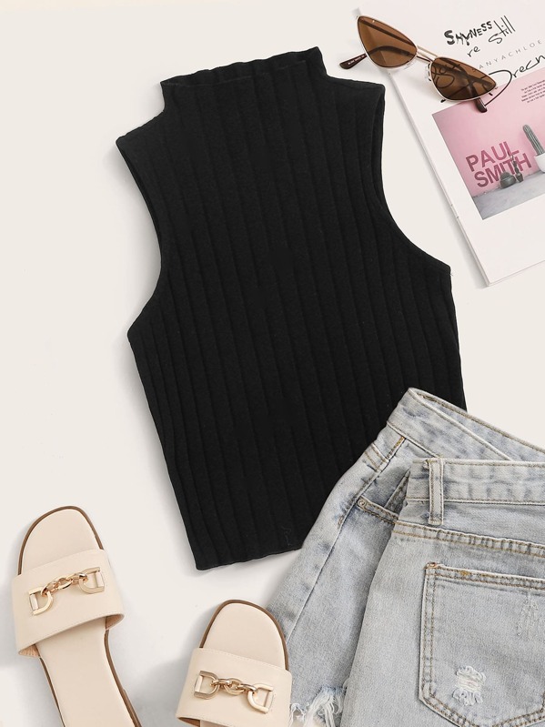 Mock Neck Lettuce Trim Rib-knit Tank Top, Black, Christen Harper