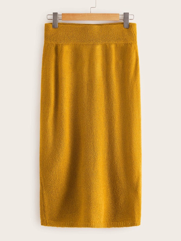 

Plus Wide Waistband Split Back Sweater Skirt, Yellow