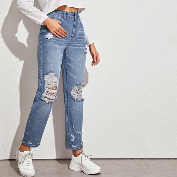 

Stonewash Distressed Straight Leg Jeans, Blue