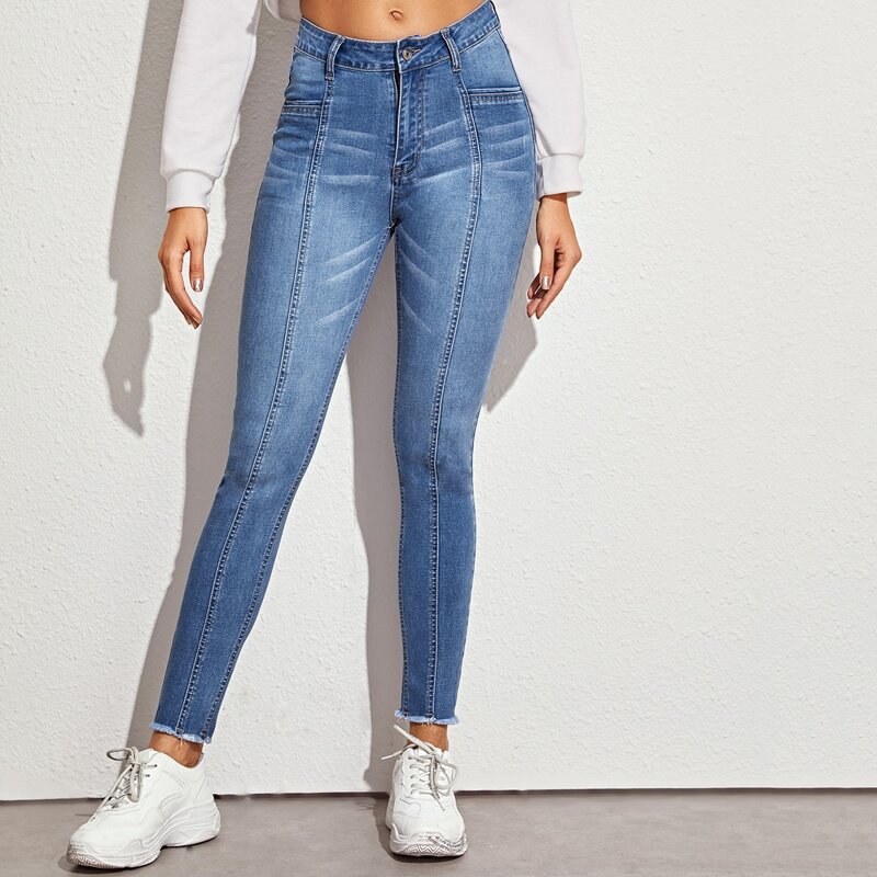 

Raw Hem Paneled Skinny Jeans, Blue
