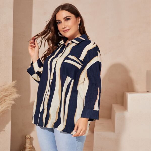 

Plus Patch Pocket Wave Stripe Blouse, Multicolor