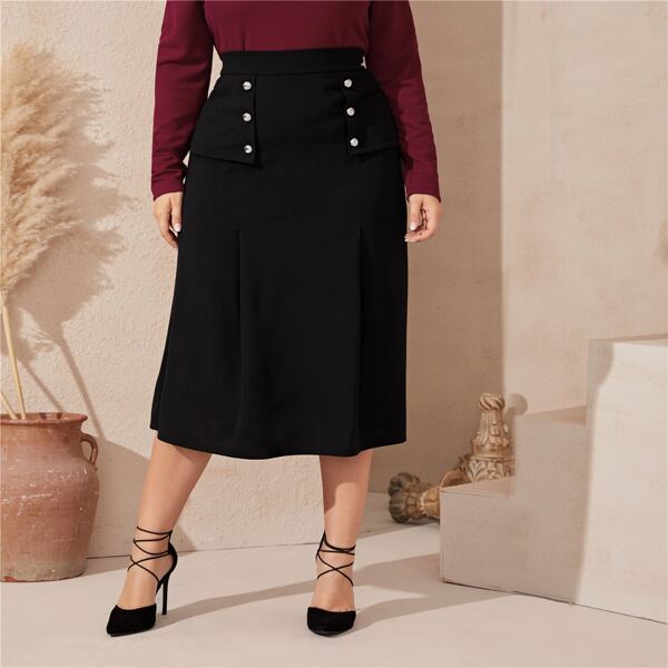 

Plus Button Detail Wide Band Waist Solid Skirt, Black