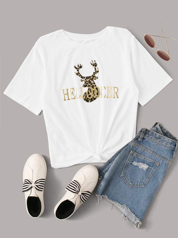 

Christmas New Year Letter & Leopard Print Tee, White