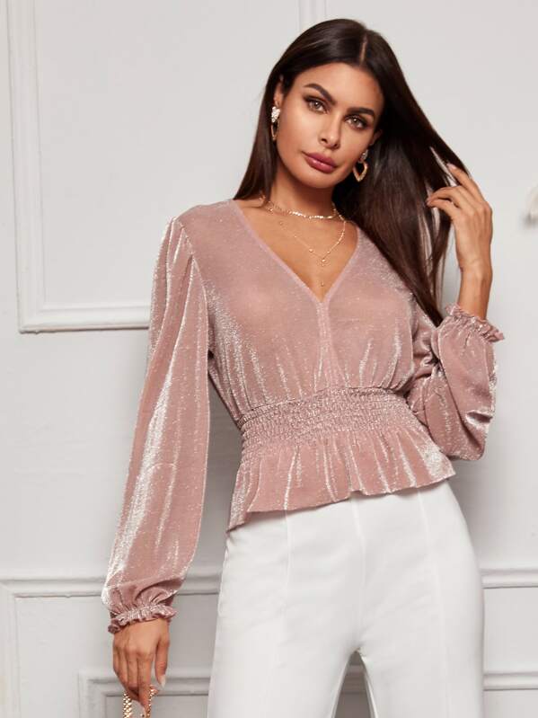 

Shirred Waist Lettuce Frill Cuff Blouse, Pink, Andy