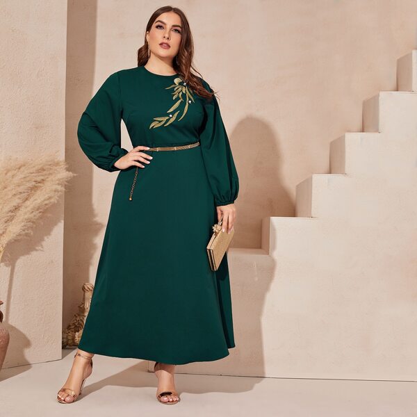 

Plus Lantern Sleeve Embroidery Detail Dress Without Belt, Dark green