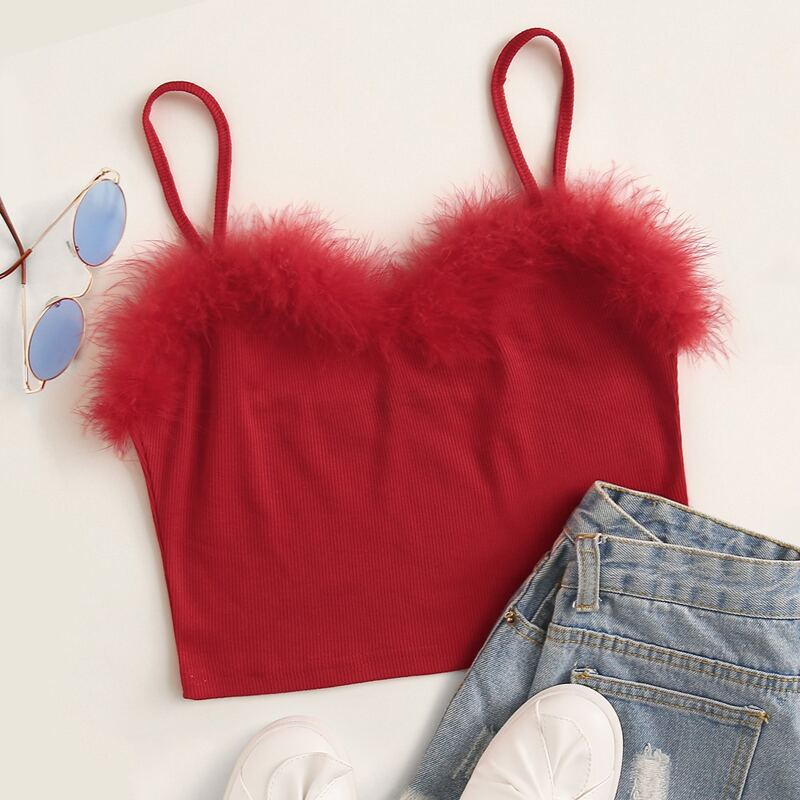 

Faux Fur Detail Crop Cami Top, Red bright