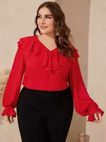 Modelyn Plus Layered Ruffle Trim Top - Red - View 1