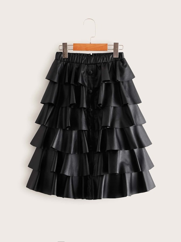 

Girls Buttoned Layered Ruffle Hem Faux Leather Skirt, Black