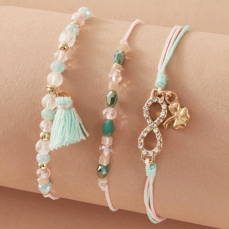 

3pcs Tassel & Rhinestone Engraved Infinity Decor Bracelet, Multicolor