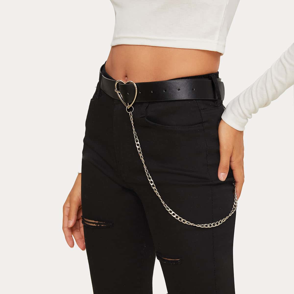 

Chain Decor Heart Buckle Belt, Black