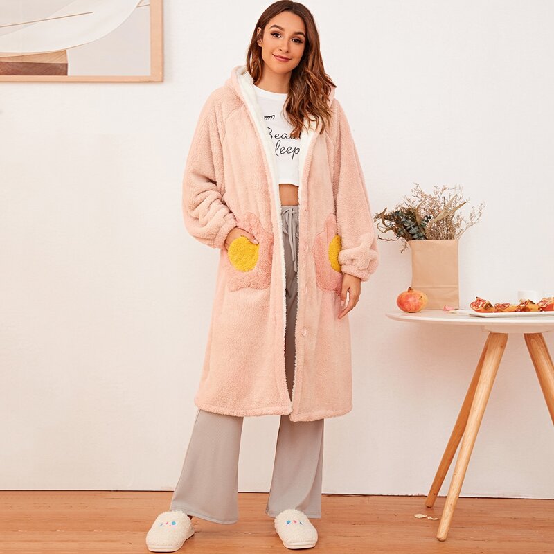 

Star Pattern Hooded Plush Robe, Pink